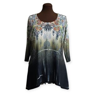 One World Green Printed Embellished Quarter Sleeve Top Woman Size 1X